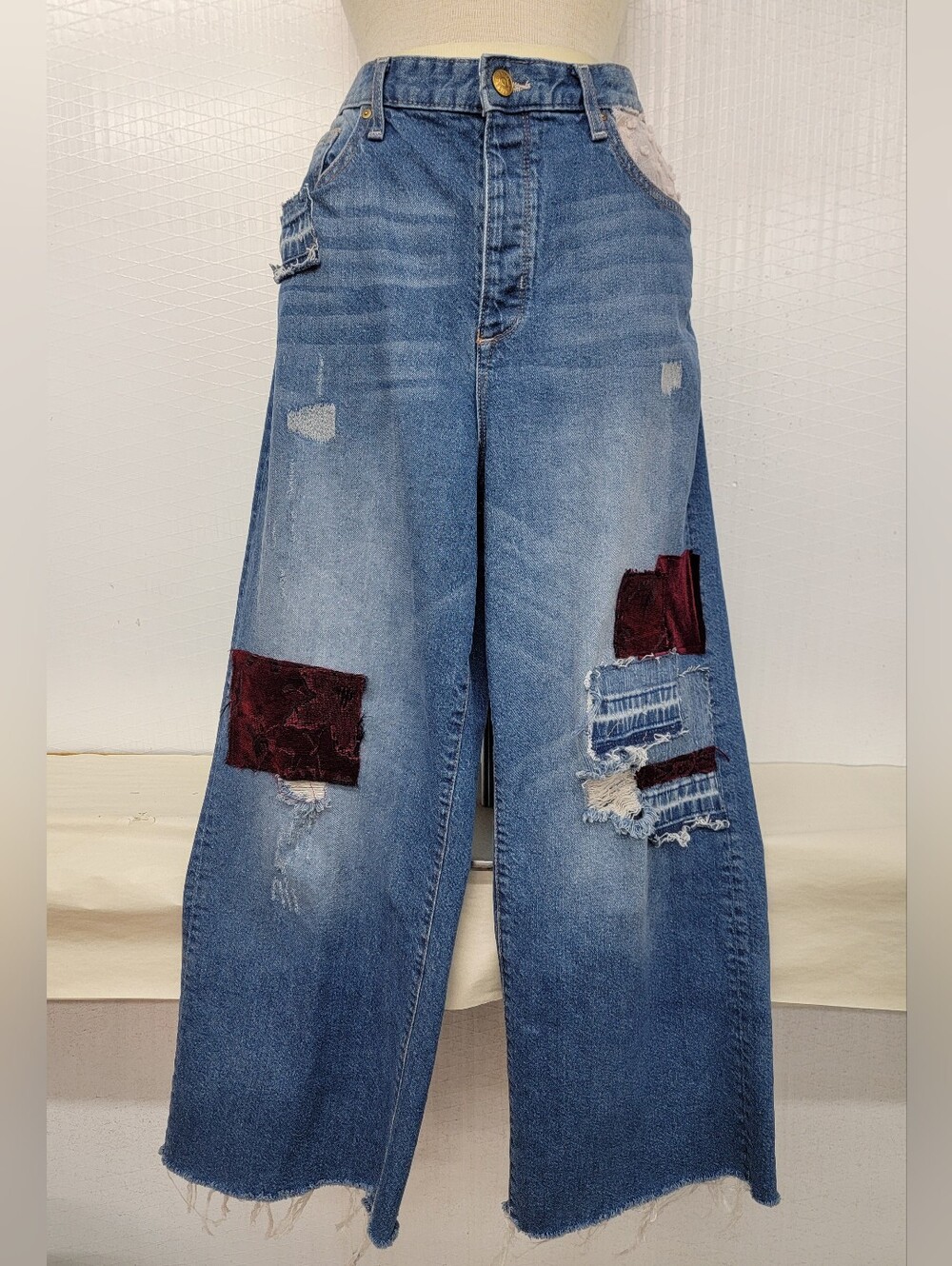 Boho Hippie Wide Leg  Jeans With Patchwork Upcycled Vintage Style